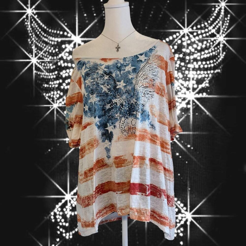 distressed eagle bedazzled american flag stars & stripes top